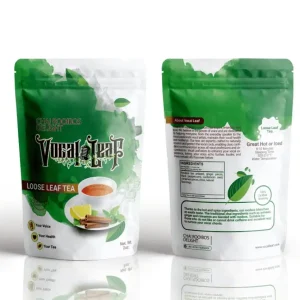 Front and back view of Vocal Leaf Chai Rooibos Delight tea pouches with green watercolor accents, featuring botanical ingredients and brewing details.