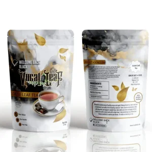 Front and back view of Vocal Leaf Welcome Back Black tea pouches featuring marble design, gold leaf accents, and product details.